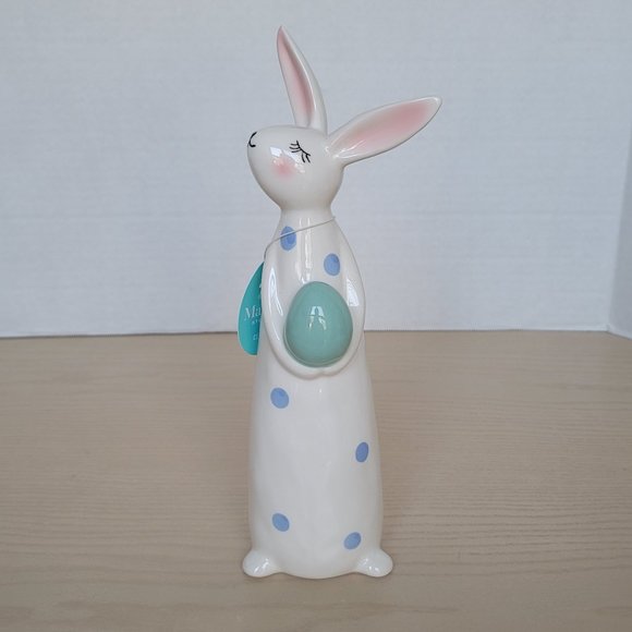 Martha Stewart Ceramic Dotted Easter Bunny Rabbit With Blue Egg Figurine 10.5" - Picture 1 of 13